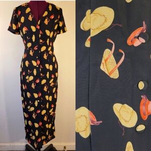 80s/90s Maggy London Black Hat Print Maxi Shirt Dress Size Medium 8